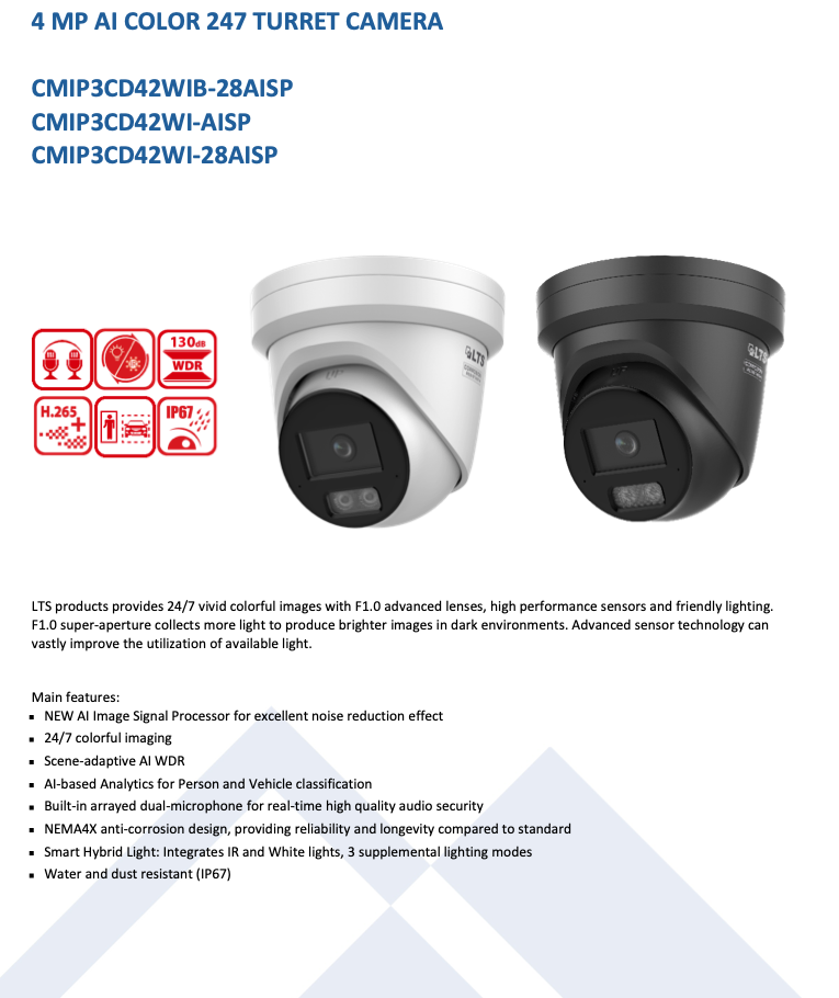 LTS Platinum CMIP3CD42WIB-28AISP IP 4MP AI Color 247 Anti-Corrosion Smart Hybrid Light Camera