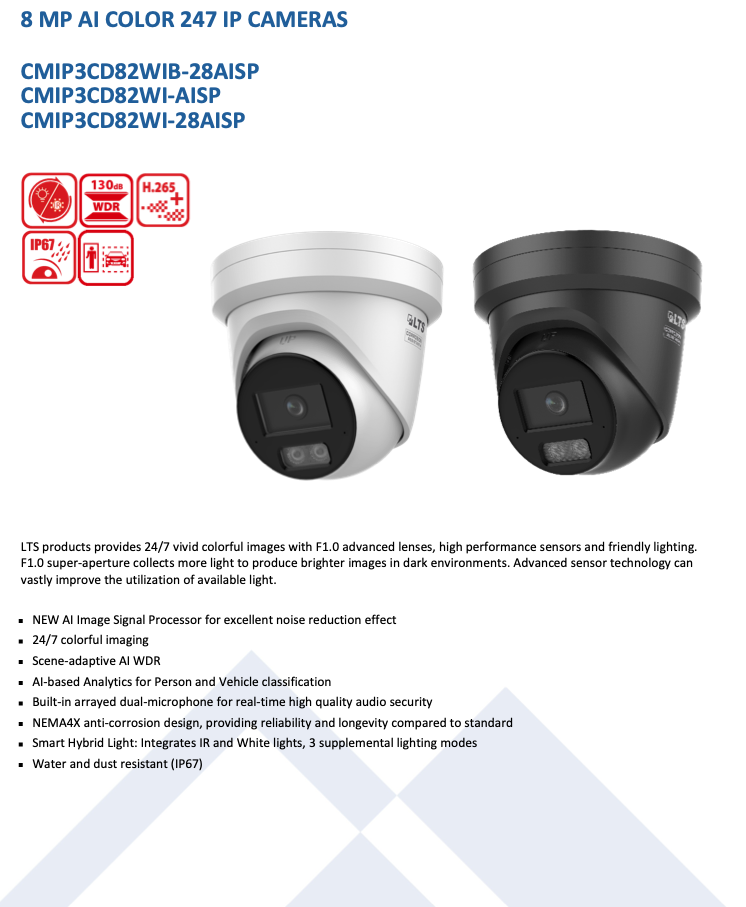 LTS Platinum CMIP3CD82WI-28AISP IP 8MP Wide Len Ai Color 247 Built-in Mic Hybrid Light Camera