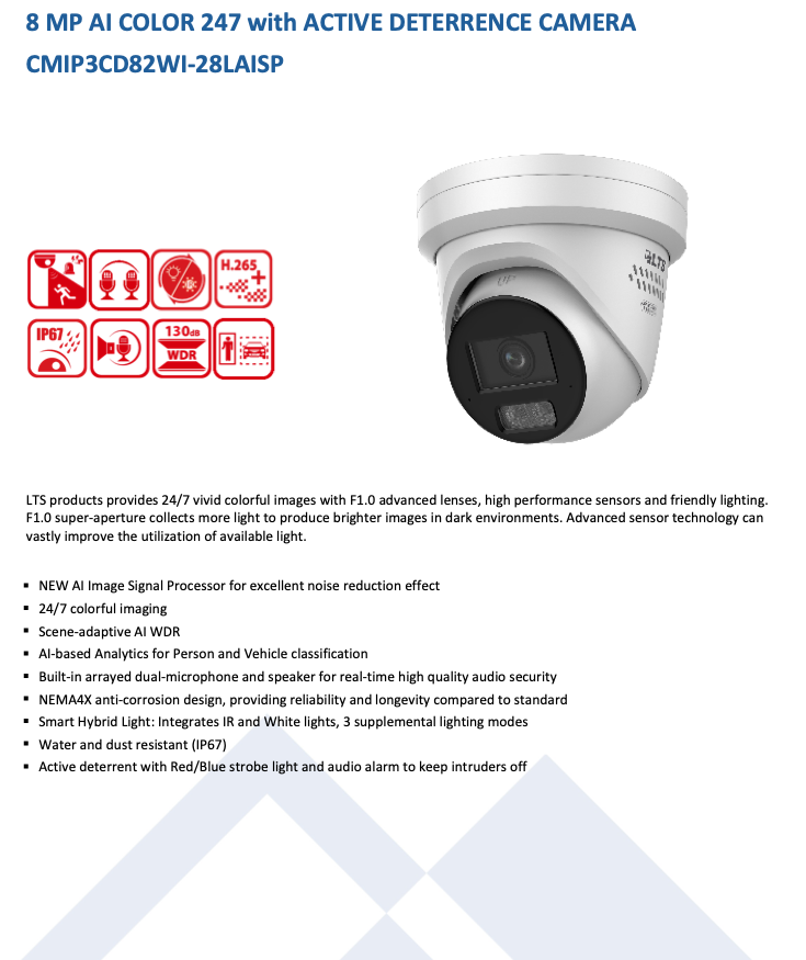 LTS Platinum CMIP3CD82WI-28LAISP IP 8MP Ai Color 247 Active Deterrence With Mic/Alarm Camera