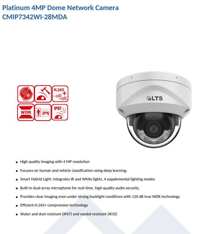 LTS Platinum CMIP7342WI-28MDA IP 4MP Smart Hybrid Light LED Mic Ai WDR Vandal Dome Camera LTCMIP7342WI-28MDA Replacement for CMIP7342W-28MDA, CMIP7342W-28M
