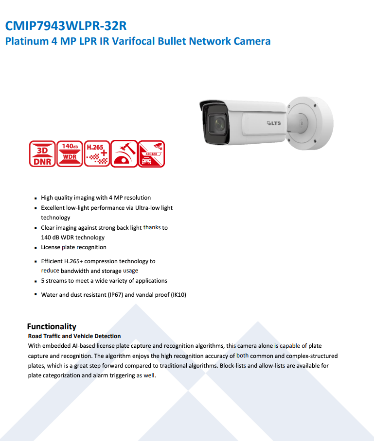 LTS Platinum CMIP7943WLPR-32R IP 4MP 8-32mm WDR License Plate Recognition Bullet Cmaera LTCMIP7943WLPR-32R Replacement for CMIP7923LPR-22, CMIP7923WLPR-32R, CMIP7923NWLPR-32R
