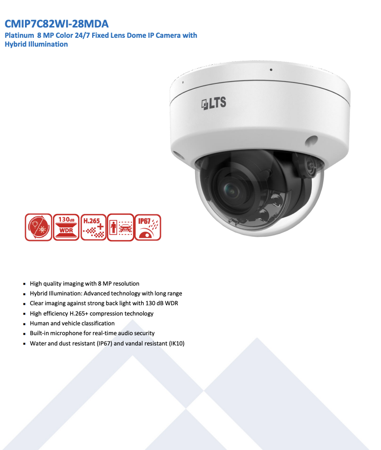 LTS Platinum CMIP7C82WI-28MDA IP 8MP 2.8mm Dual Illumination 24/7 Color WDR Mic Dome Camera LTCMIP7C82WI-28MDA Replacement for CMIP7C82WI-28MDA