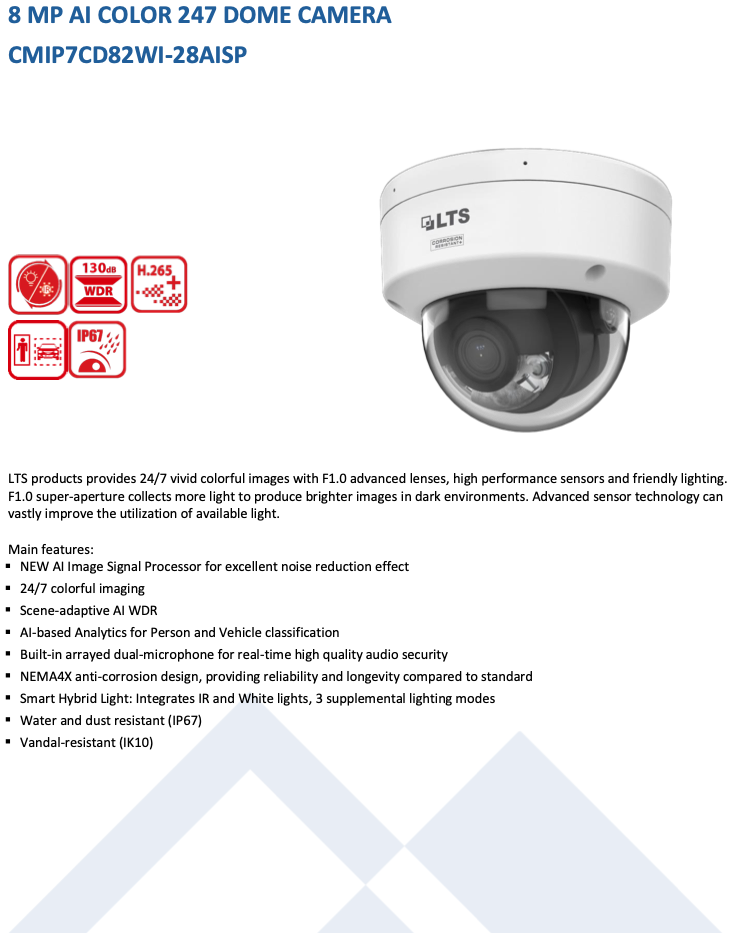 LTS Platinum CMIP7CD82WI-28AISP IP 8MP Ai Color 247 Built-in Mic Hybrid Light Vandal Camera