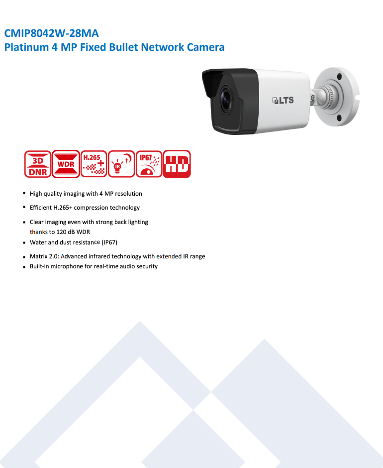 LTS Platinum CMIP8042W-28MA HD IP 4MP 2.8mm WDR 98ft IR Built-in Mic Bullet Network Camera LTCMIP8042W-28MA Replacement for CMIP8042-28