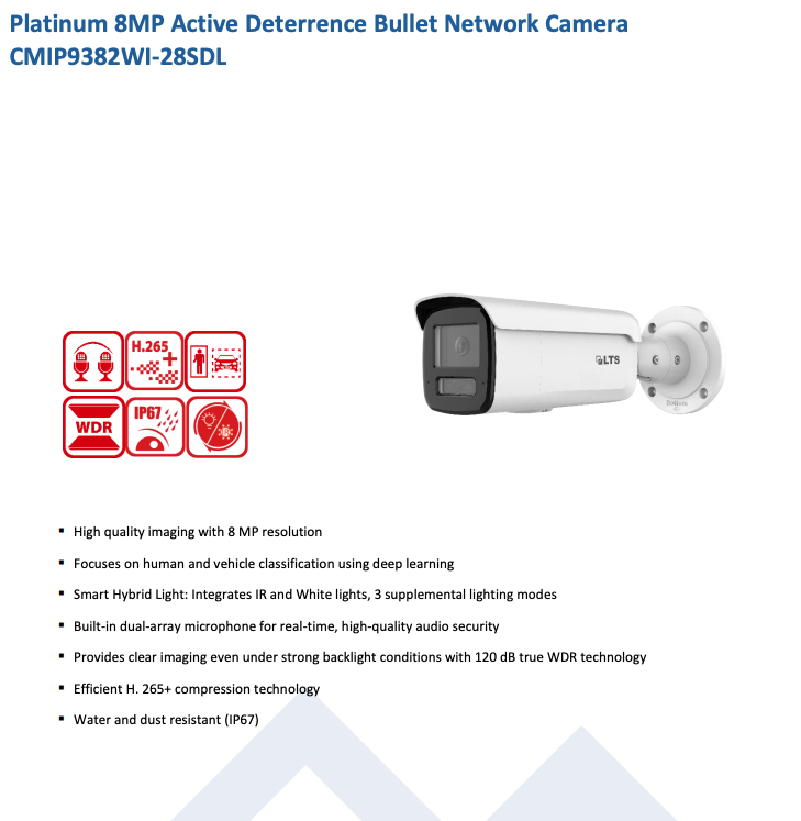LTS Platinum CMIP9382WI-28SDL IP 8MP Smart Hybrid Light Active Deterrence Mic Bullet Camera LTCMIP9382WI-28SDL Replacement for CMIP9382NW-28M, CMIP9382W-28MD