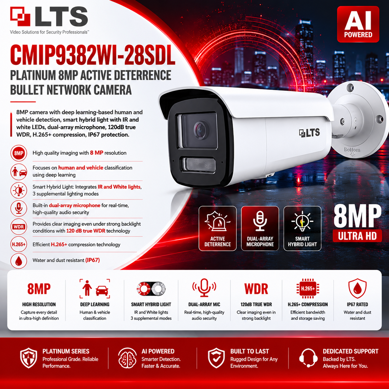 LTS Platinum CMIP9382WI-28SDL IP 8MP Smart Hybrid Light Active Deterrence Mic Bullet Camera LTCMIP9382WI-28SDL Replacement for CMIP9382NW-28M, CMIP9382W-28MD