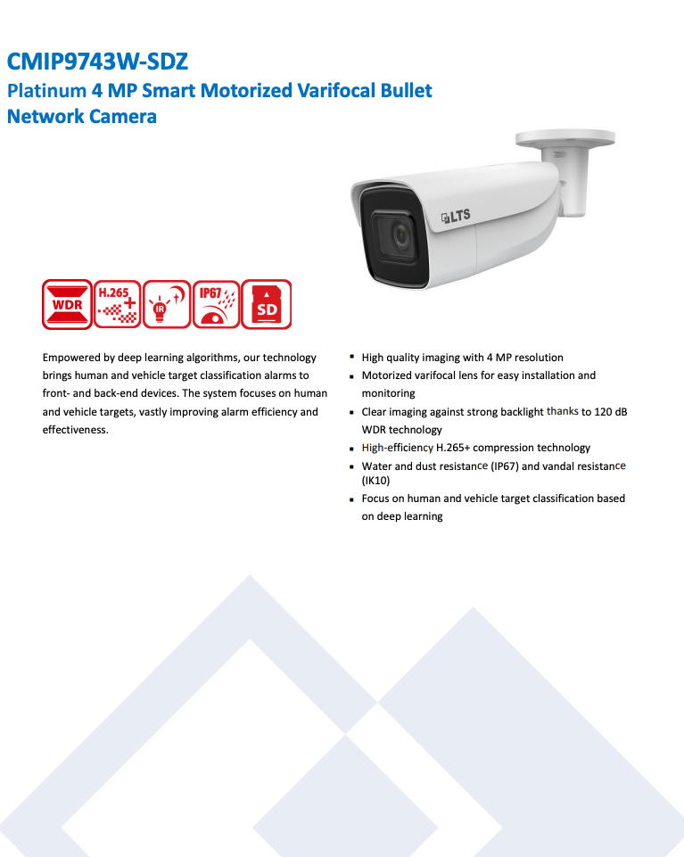 LTS Platinum CMIP9743W-SDZ IP 4MP Motorized Varifocal 2.8-12mm WDR Smart Ai Bullet Camera LTCMIP9743W-SDZ Replacement for CMIP9743NW-SZ, CMIP9743NW-SDZ