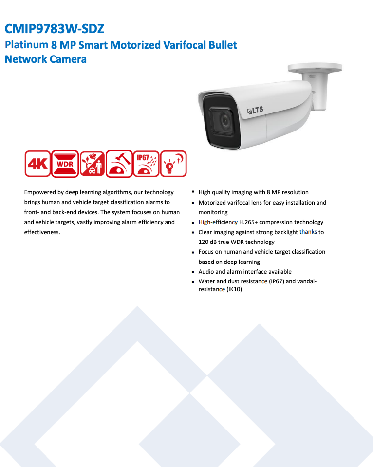 LTS Platinum CMIP9783W-SDZ HD IP 8MP/4K 2.8-12mm Motorized Lens WDR Smart Ai Bullet Camera