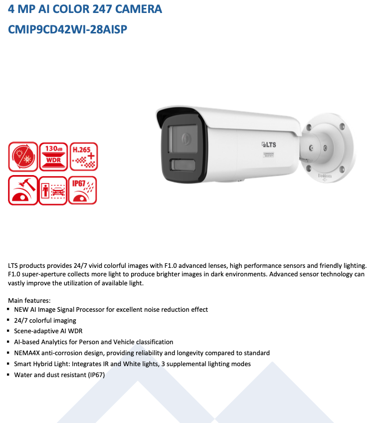 LTS Platinum CMIP9CD42WI-28AISP IP 4MP Ai WDR Color 247 Long Range 196ft Hybrid Light Camera LTCMIP9CD42WI-28AISP Replacement for CMIP9C42WI-28MD, CMIP9C42W-28MD, CMIP9C42NW-28MD