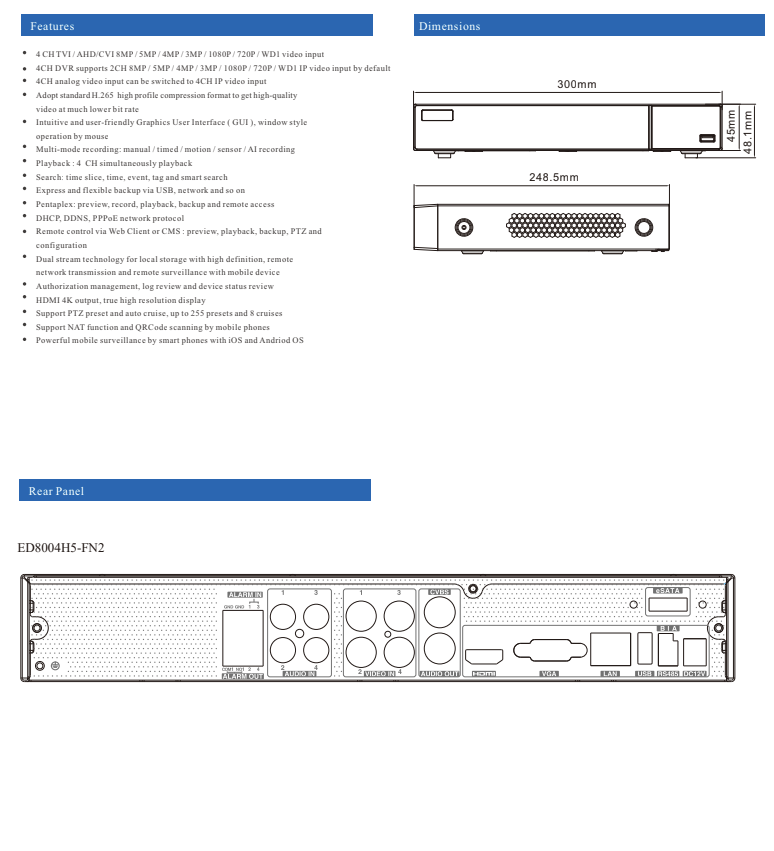 ENS Titanium ED8004H5-FN2 4CH 8MP TVI/AHD/CVI/Analog+2CH 8MP IP 6CH Max HDMI 4K NDAA DVR