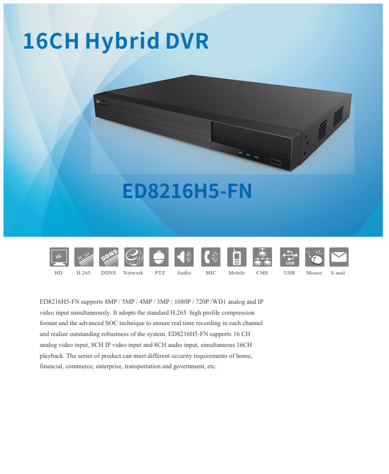 ENS Titanium ED8216H5-FN 16CH 8MP TVI/AHD/CVI/Analog+8CH 8MP IP Max 24CH 4K HDMI NDAA DVR