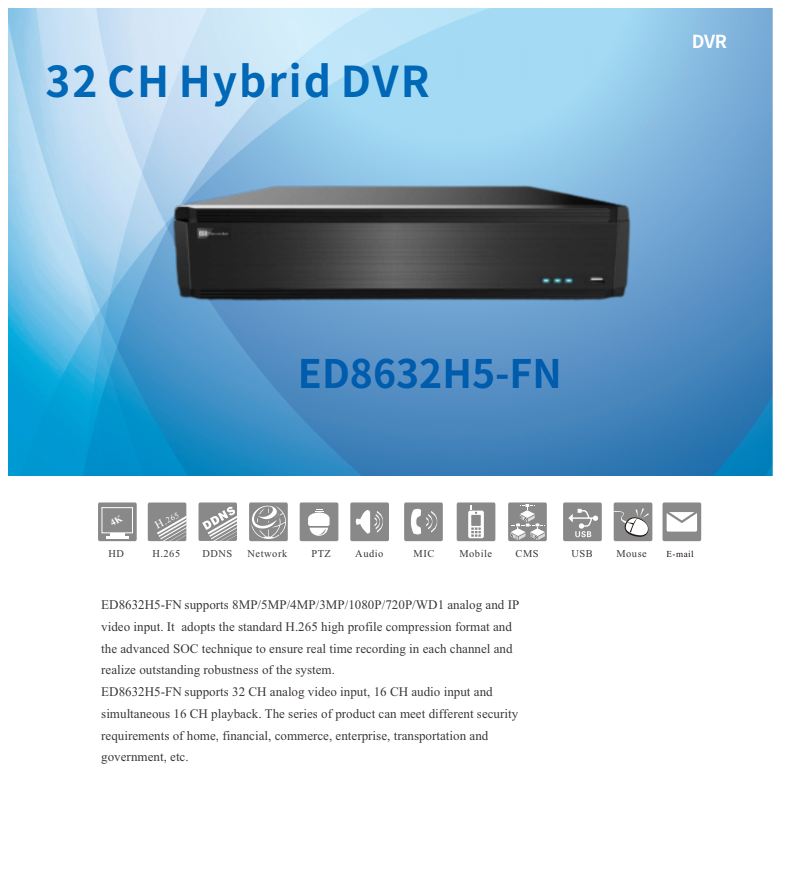 ENS Titanium ED8632H5-FN 32CH 8MP TVI/AHD/CVI/Analog + 8CH 8MP IP Max 40CH 4K HDMI NDAA DVR