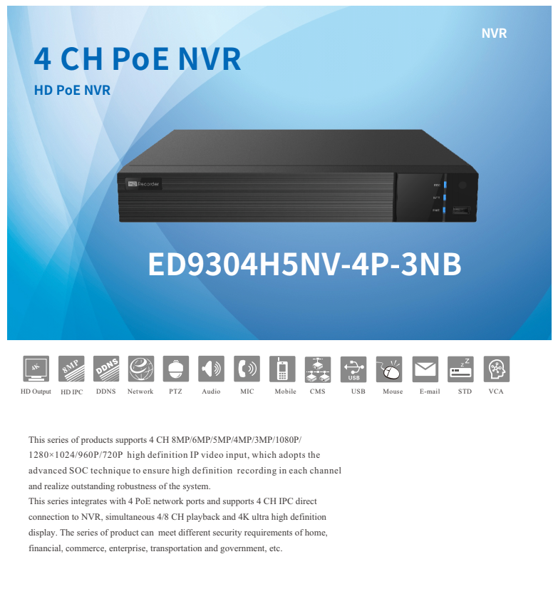 ENS Titanium ED9304H5NV-4P-3NB 4CH IP 8MP 30fps 40 Mbps 4 Port POE Ai 4K 2160p HDMI NDAA NVR