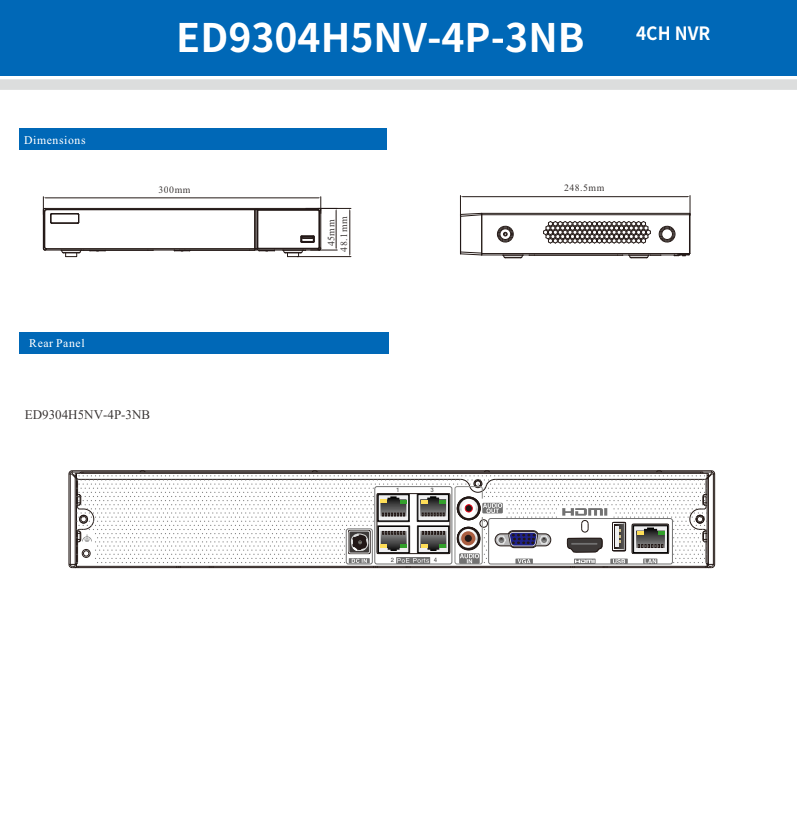 ENS Titanium ED9304H5NV-4P-3NB 4CH IP 8MP 30fps 40 Mbps 4 Port POE Ai 4K 2160p HDMI NDAA NVR