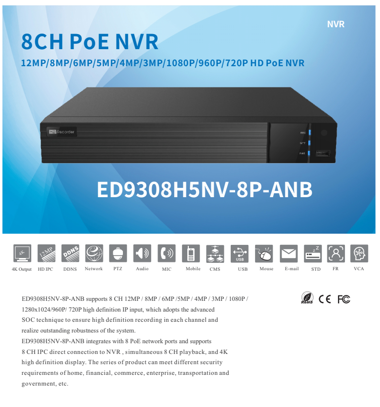 ENS Titanium ED9308H5NV-8P-ANB IP 8CH 80/80Mb Up to 12MP 8 Port PoE 4K HDMI 1xSATA NDAA NVR