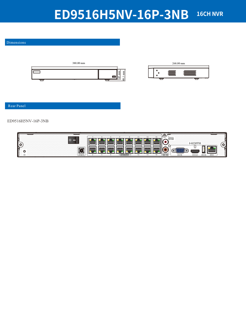 ENS Titanium ED9516H5NV-16P-3NB 16CH IP 8MP 144 Mbps 16 Port PoE Ai 4K HDMI 2xSATA NDAA NVR