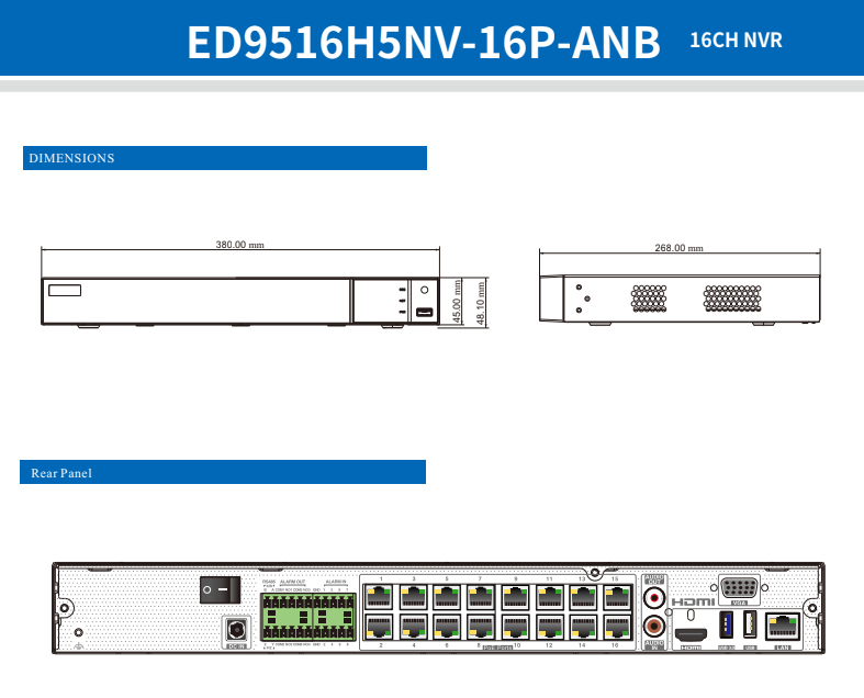 ENS Titanium ED9516H5NV-16P-ANB IP 16CH 160/160Mb 12MP 16 Port PoE 2xSATA 4K HDMI NDAA NVR