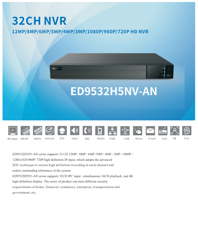 ENS Titanium ED9532H5NV-AN IP 32CH Up to 12MP 192/192Mb 2xHDMI 2xSATA 2xLan Port NDAA NVR