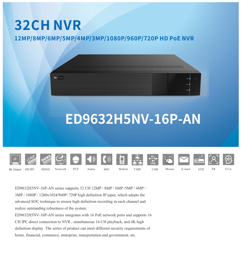 ENS Titanium ED9632H5NV-16P-AN 32CH IP 12MP 20fps 192Mbps 16Port PoE Ai 2xLAN 2xHDMI NDAA NVR