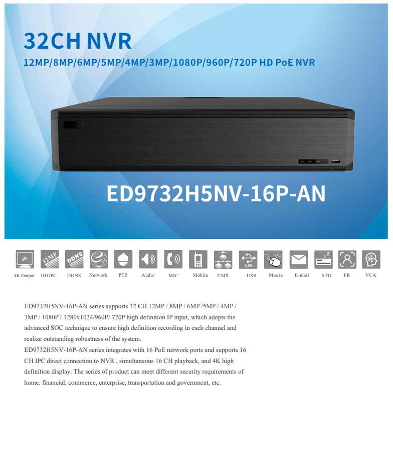 ENS Titanium ED9732H5NV-16P-AN IP 32CH 12MP 192/192Mb 16 Port PoE 2xHDMI 8xSATA 2LAN NDAA NVR