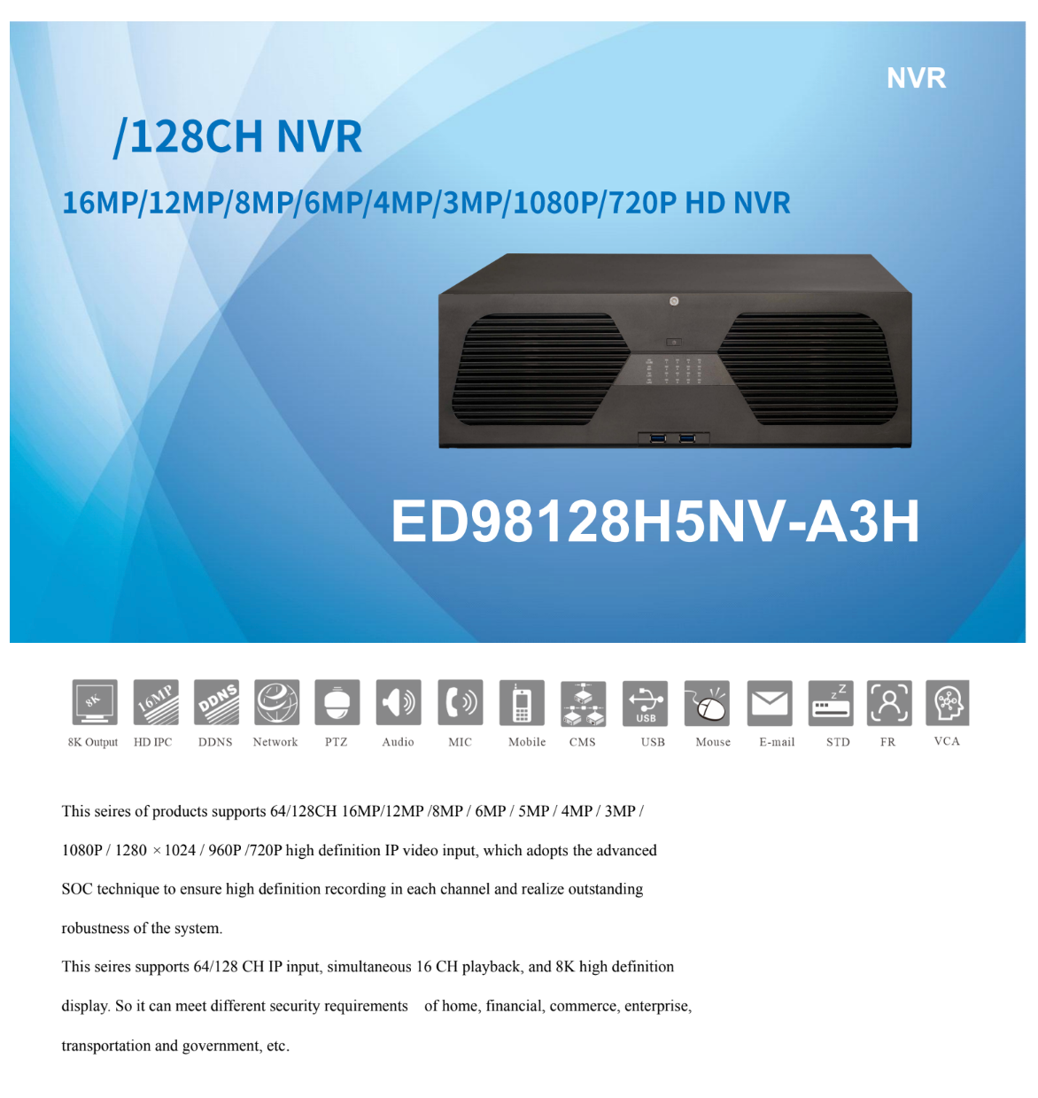 ENS Titanium ED98128H5NV-A3H 128CH 16MP 8K 768Mbps Face ID RAID 16xSATA Dual LAN 4xHDMI NDAA NVR