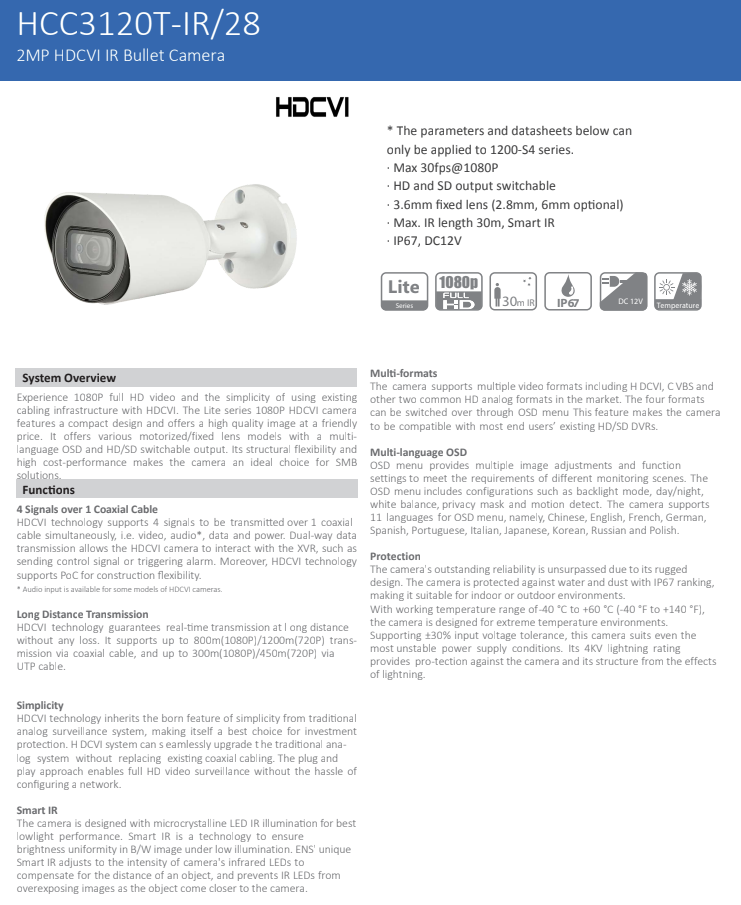 ENS Diamond HCC3120T-IR/28 2MP 30fps 98ft IR TVI/CVI/CVBS/AHD 2.8mm 1080P HD Bullet Camera