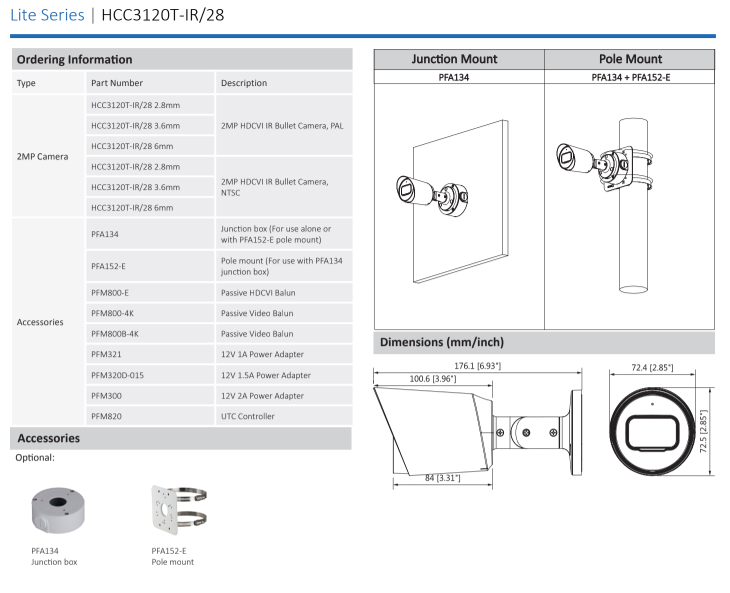 ENS Diamond HCC3120T-IR/28 2MP 30fps 98ft IR TVI/CVI/CVBS/AHD 2.8mm 1080P HD Bullet Camera