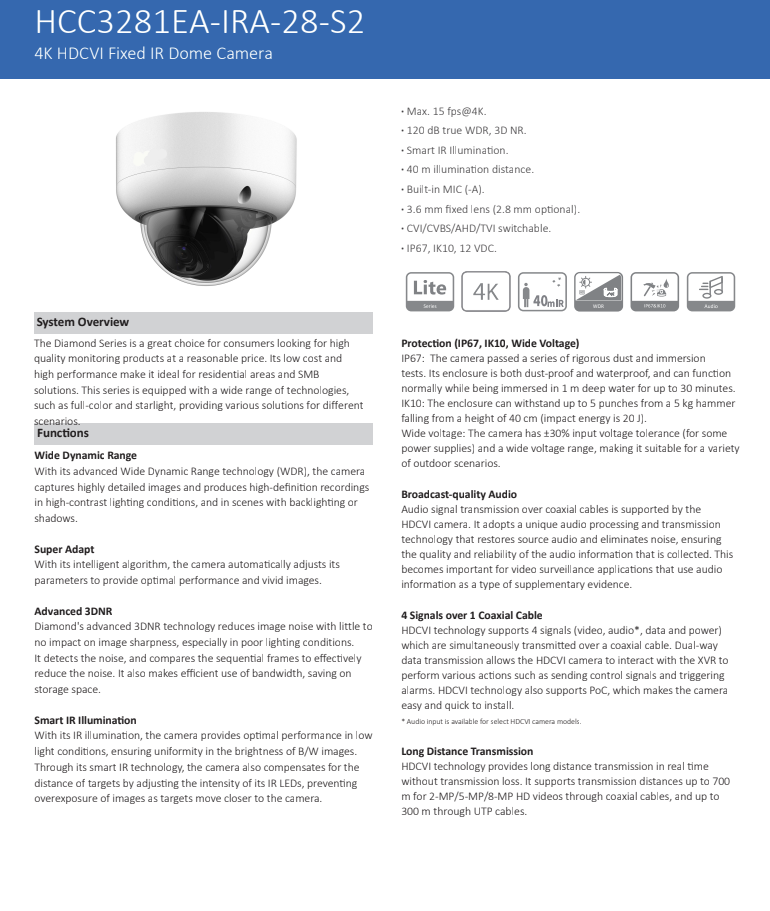 ENS Diamond HCC3281EA-IRA-28-S2 8MP/4K/15fps CVI/TVI/CVBS/AHD 2.8mm 131ft IR Mic Dome Camera