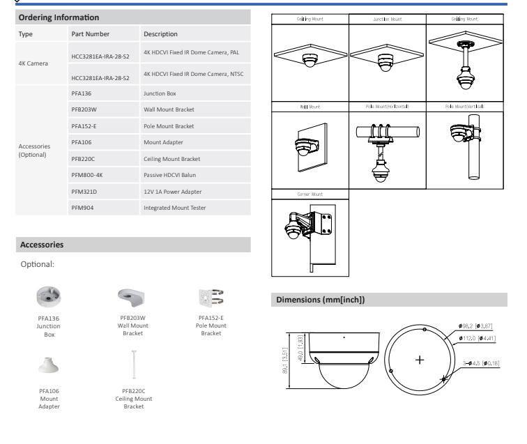ENS Diamond HCC3281EA-IRA-28-S2 8MP/4K/15fps CVI/TVI/CVBS/AHD 2.8mm 131ft IR Mic Dome Camera