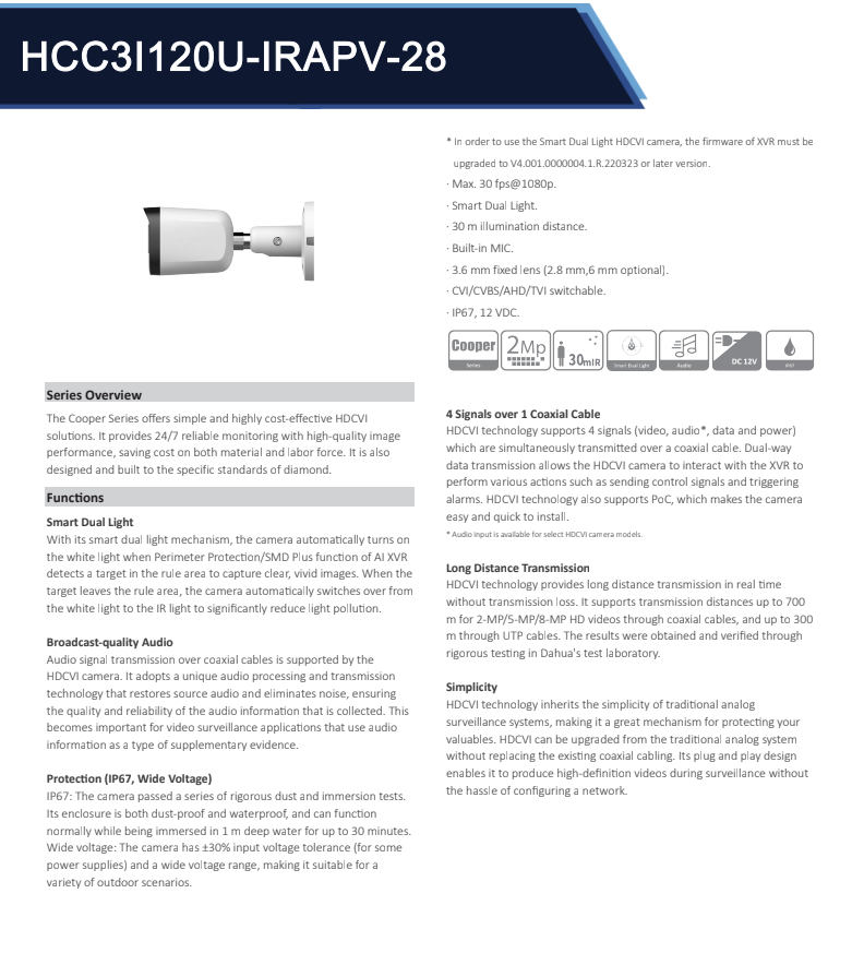 ENS Diamond HCC3I120U-IRAPV-28 2MP CVI/CVBS/AHD/TVI 2.8mm Full Color White LED Bullet Camera