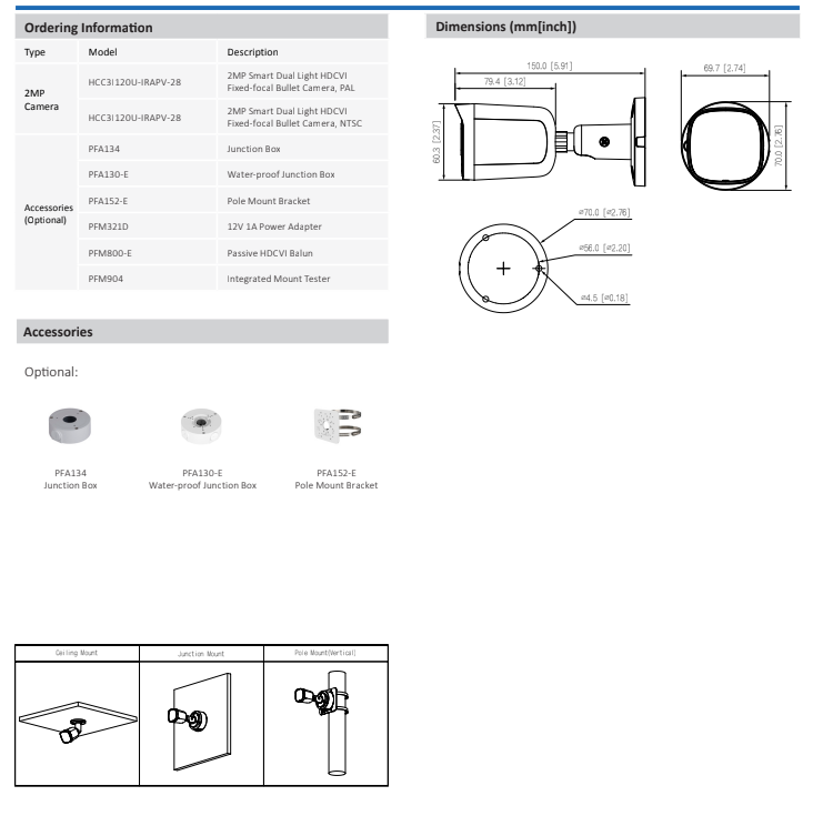 ENS Diamond HCC3I120U-IRAPV-28 2MP CVI/CVBS/AHD/TVI 2.8mm Full Color White LED Bullet Camera