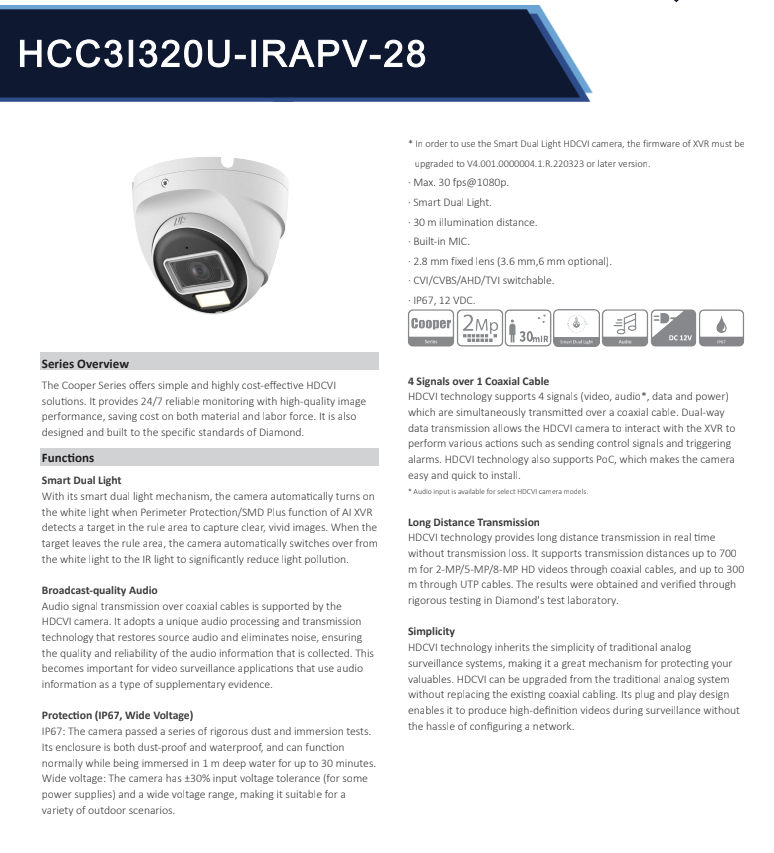 ENS Diamond HCC3I320U-IRAPV-28 2MP CVI/CVBS/AHD/TVI 2.8mm Full Color With Mic Dome Camera