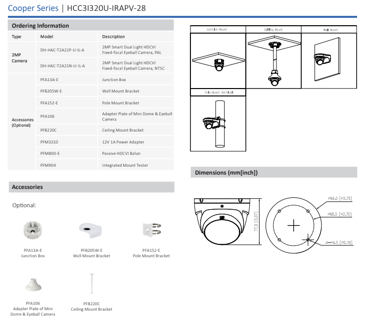 ENS Diamond HCC3I320U-IRAPV-28 2MP CVI/CVBS/AHD/TVI 2.8mm Full Color With Mic Dome Camera