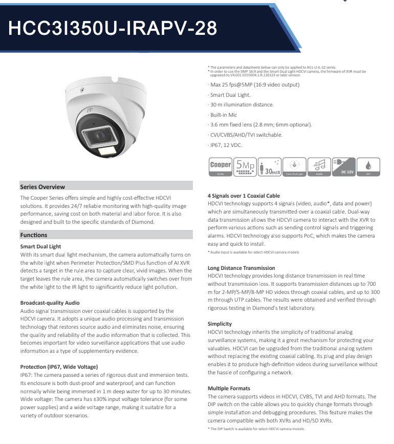 ENS Diamond HCC3I350U-IRAPV-28 5MP CVI/CVBS/AHD/TVI 2.8mm Full Color White LED Dome Camera