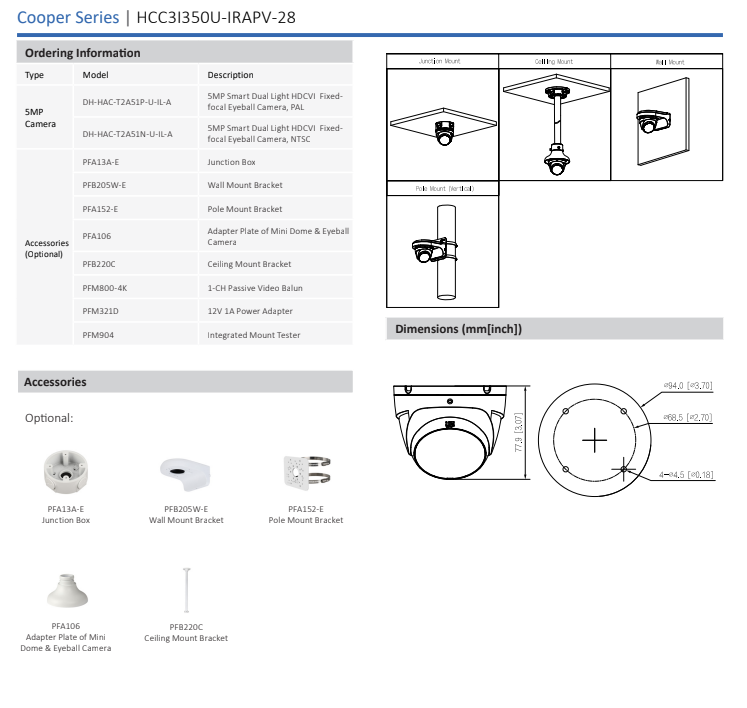 ENS Diamond HCC3I350U-IRAPV-28 5MP CVI/CVBS/AHD/TVI 2.8mm Full Color White LED Dome Camera