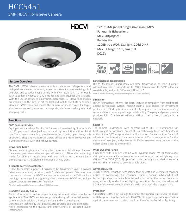 ENS Diamond HCC5451 5MP CVI/TVI/CVBS/AHD 1.4mm 32ft Starlight IR With Mic WDR Fisheye Camera