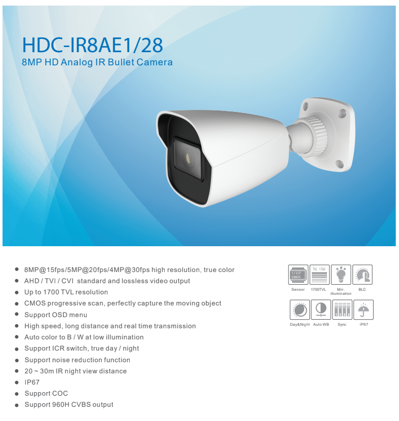 ENS Titanium HDC-IR8AE1/28 AHD/TVI/CVI/CVBS 8MP 4K 2.8mm 98ft IR NDAA Bullet COAX Camera