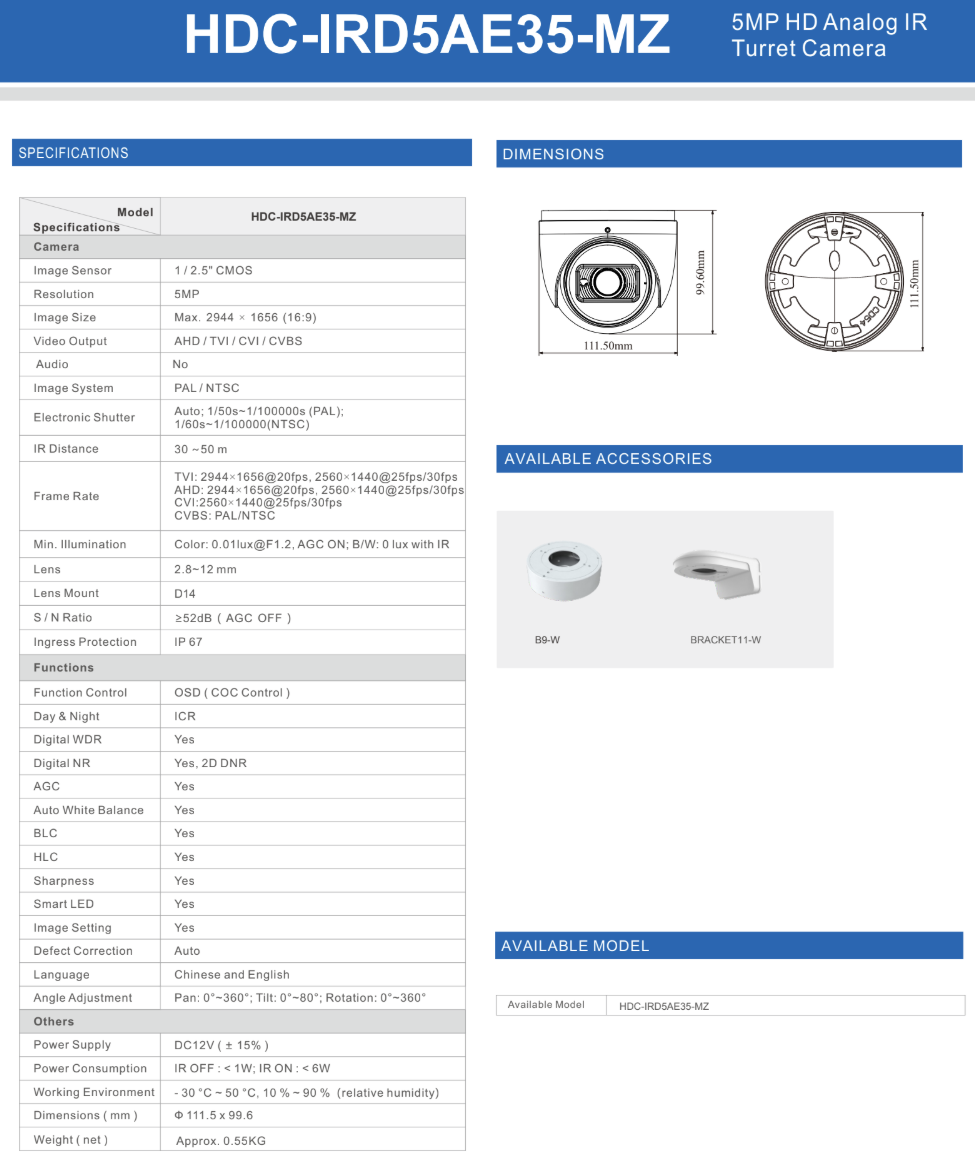 ENS Titanium HDC-IRD5AE35-MZ 5MP TVI/CVI/CVBS/AHD 2.8-12mm MZ 164ft IR Turret NDAA Camera