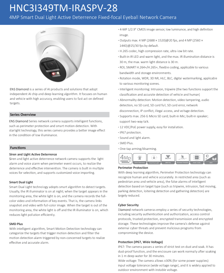 ENS Diamond HNC3I349TM-IRASPV-28 IP 4MP 2.8mm Color Active Deterrence WDR Mic Speaker Camera