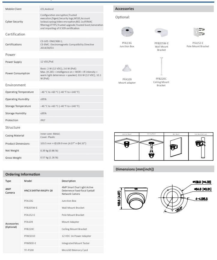 ENS Diamond HNC3I349TM-IRASPV-28 IP 4MP 2.8mm Color Active Deterrence WDR Mic Speaker Camera