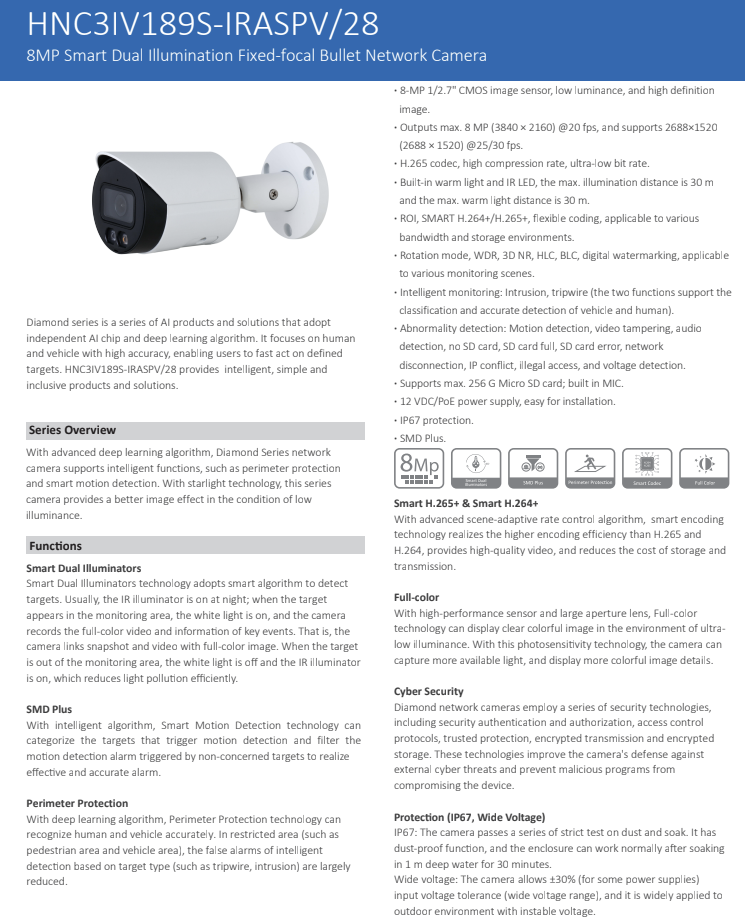 ENS Diamond HNC3IV189S-IRASPV/28 IP 8MP/4K 2.8mm Full Color WDR 98ft LED Mic Bullet Camera