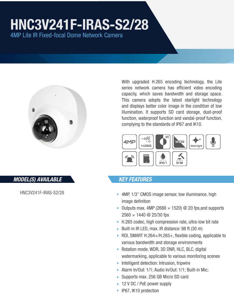 ENS Diamond HNC3V241F-IRAS-S2/28 IP 4MP/30fps 2.8mm 98ft IR WDR Starlight Mic Dome Camera
