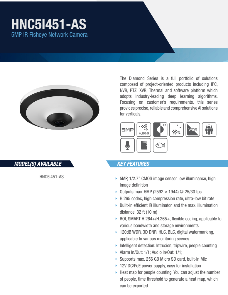 ENS Diamond HNC5I451-AS IP 5MP/30fps 1.4mm 32ft IR WDR Starlight Mic Fisheye Dome Camera
