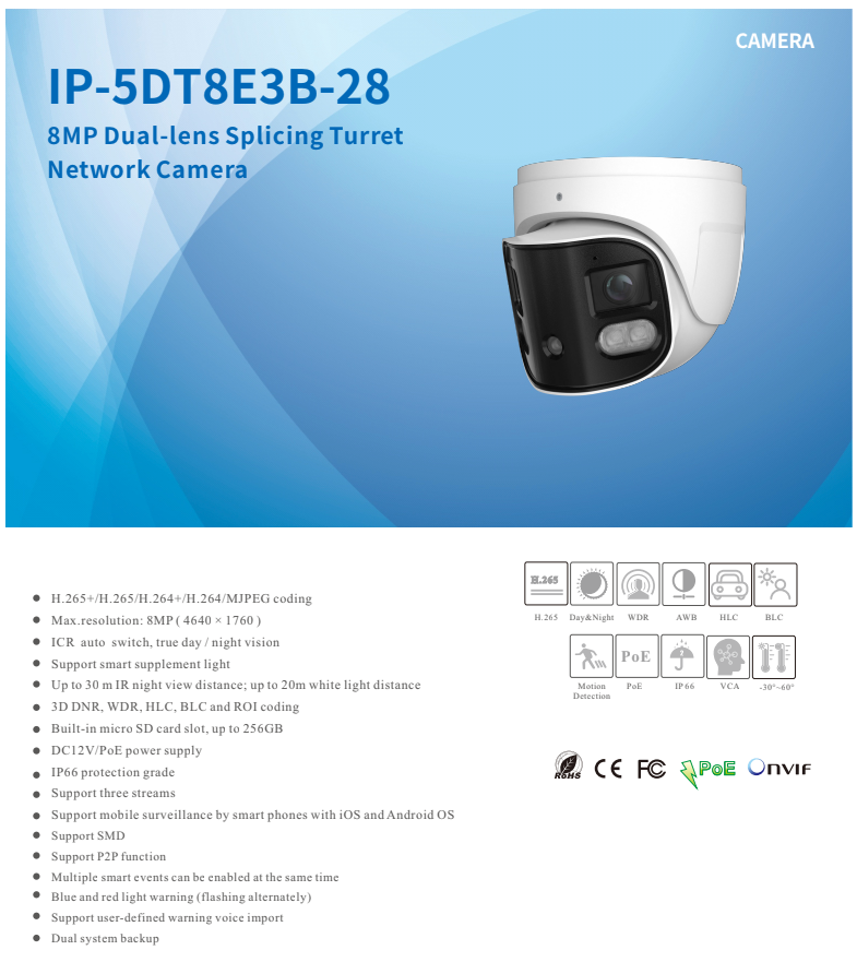 ENS Titanium IP-5DT8E3B-28 8MP/4K IP 98ft IR WDR Blue Red Light Panoramic NDAA Turret Camera