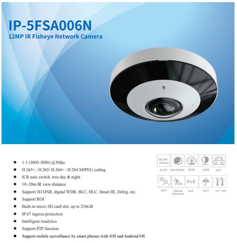 ENS Titanium IP-5FSA006N 12MP IP 360 View 1.65mm Len Built-in Mic 66ft IR Fisheye NDAA Dome Camera