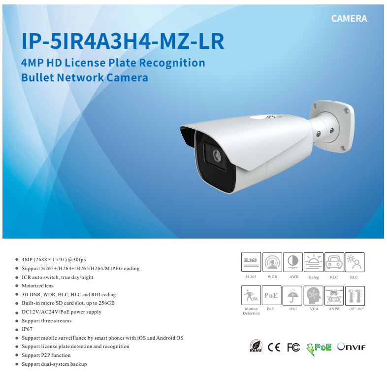 ENS Titanium IP-5IR4A3H4-MZ-LR IP 4MP 8-32mm Motorized 328ft IR License Plate NDAA Bullet Camera