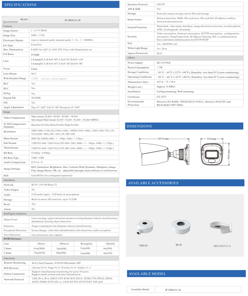 ENS Titanium IP-5IR4C41-28 IP 4MP 2.8mm Full Color Dual Light AI PoE NDAA Bullet Camera