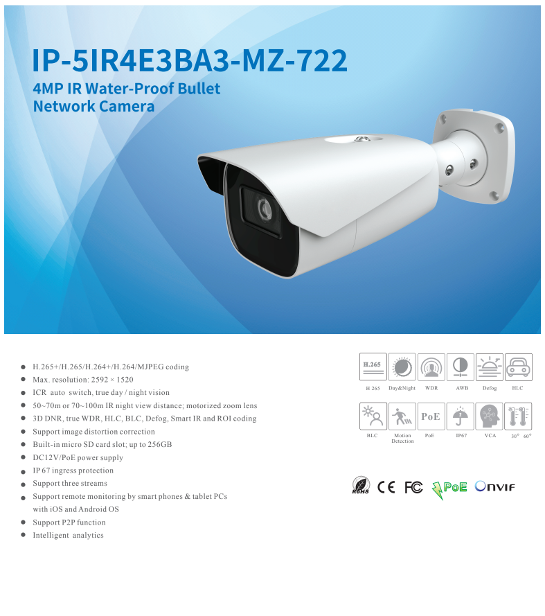 ENS Titanium IP-5IR4E3BA3-MZ-722 IP 4MP 7-22mm Motorized Zoom Smart AI WDR IR NDAA Bullet Camera