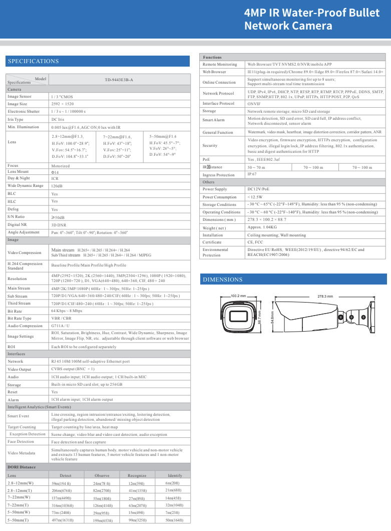 ENS Titanium IP-5IR4E3BA3-MZ-722 IP 4MP 7-22mm Motorized Zoom Smart AI WDR IR NDAA Bullet Camera