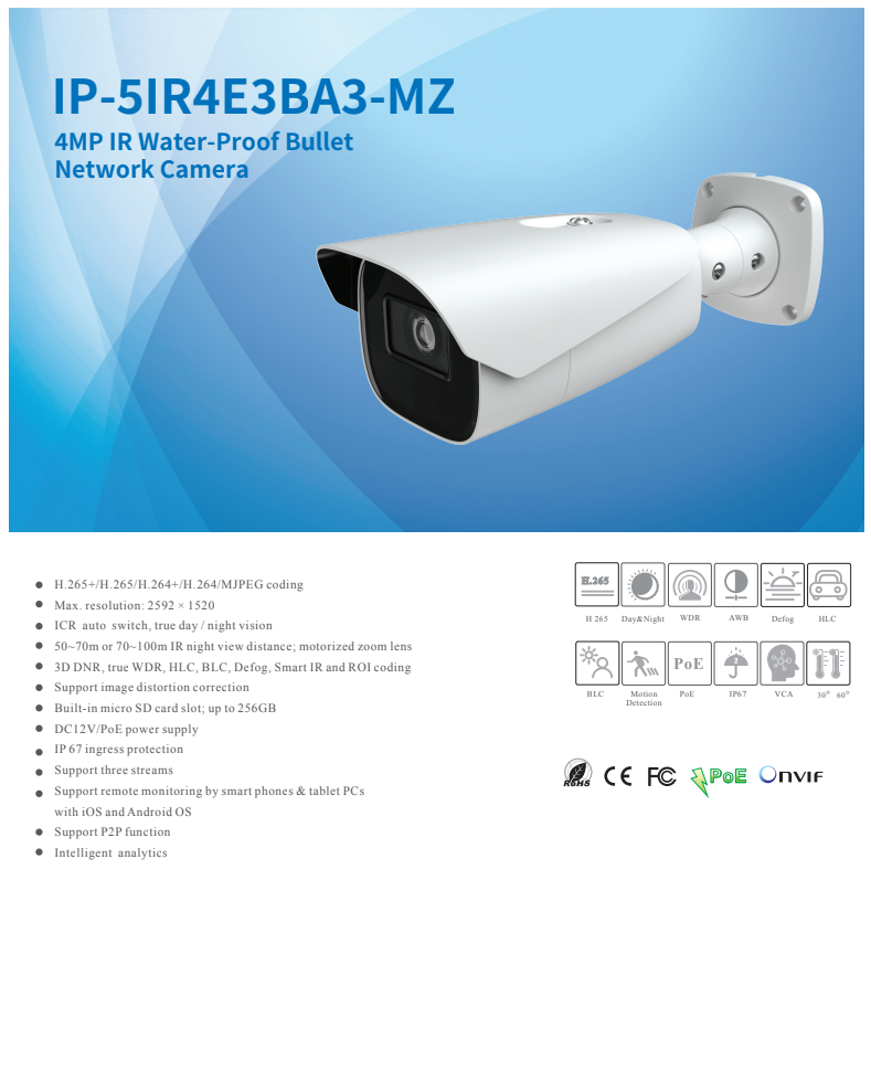 ENS Titanium IP-5IR4E3BA3-MZ IP 4MP 2.8-12mm Motorized Zoom WDR 230ft IR NDAA Bullet Camera